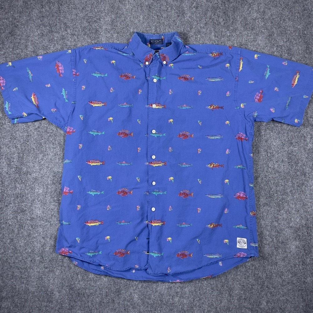 Gant Salty Dog Fish Print Button Down Shirt Mens Large Blue Short Sleeve